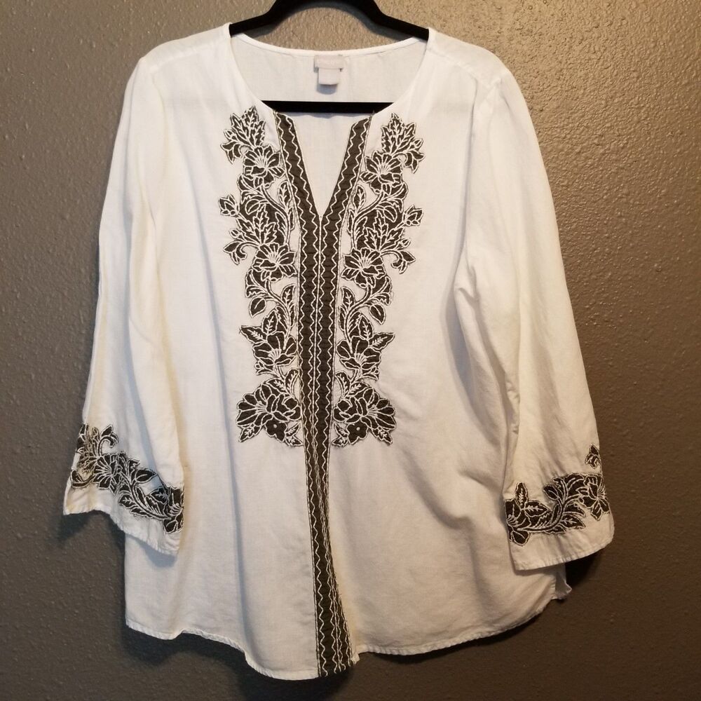 Chicos 2 (Lg) Top Embroidered Linen Blend White Floral Applique Embroidered Boho